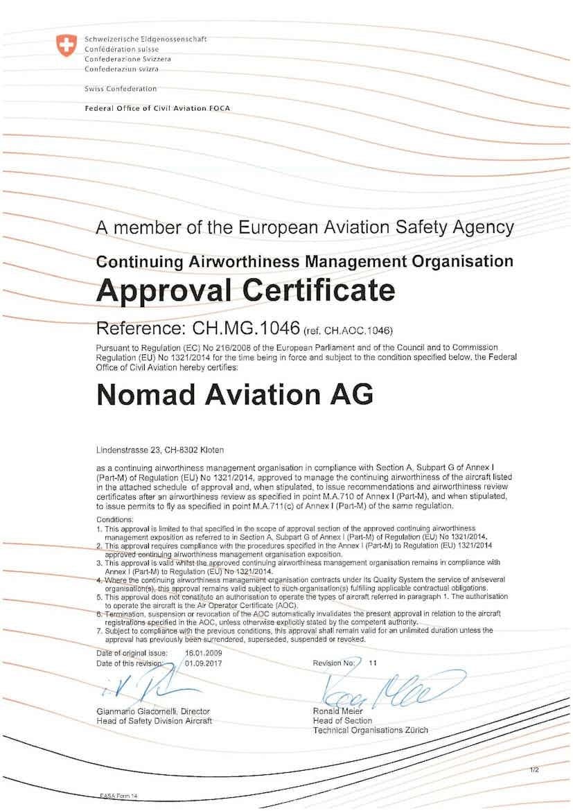 Nomad Aviation has been awarded the CAMO+ certificate as of September 01, 2017