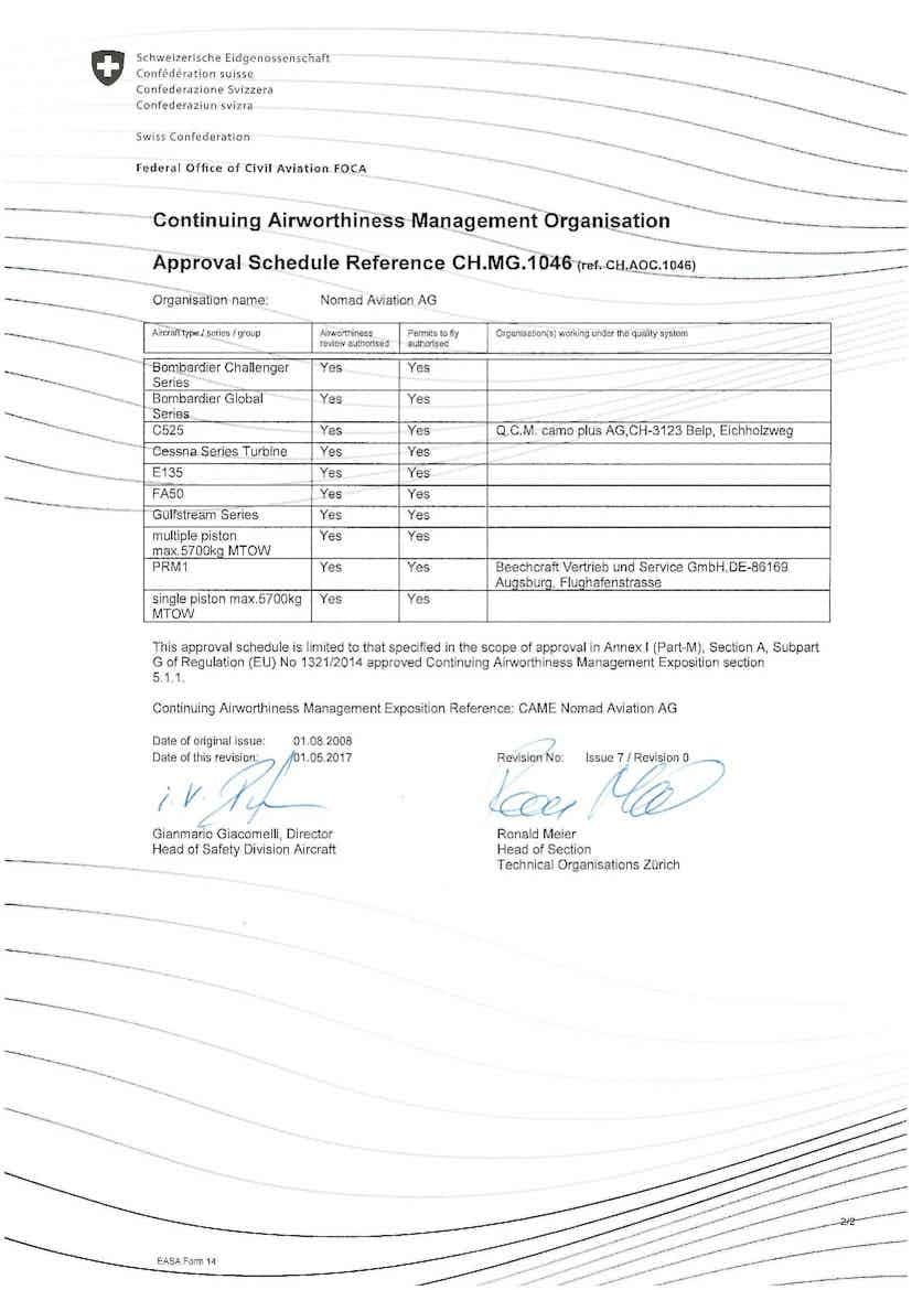 Nomad Aviation has been awarded the CAMO+ certificate as of September 01, 2017