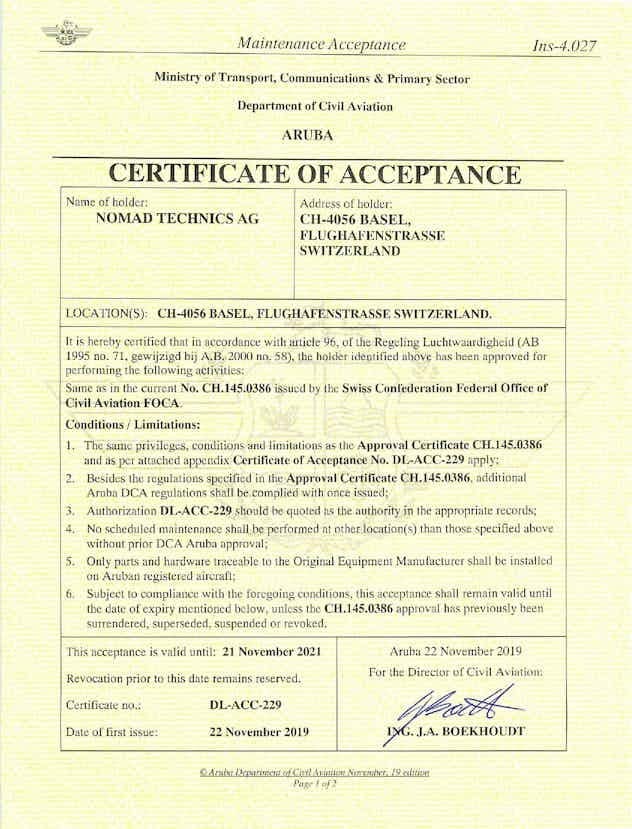 Nomad Technics AG receives Aruba maintenance approval