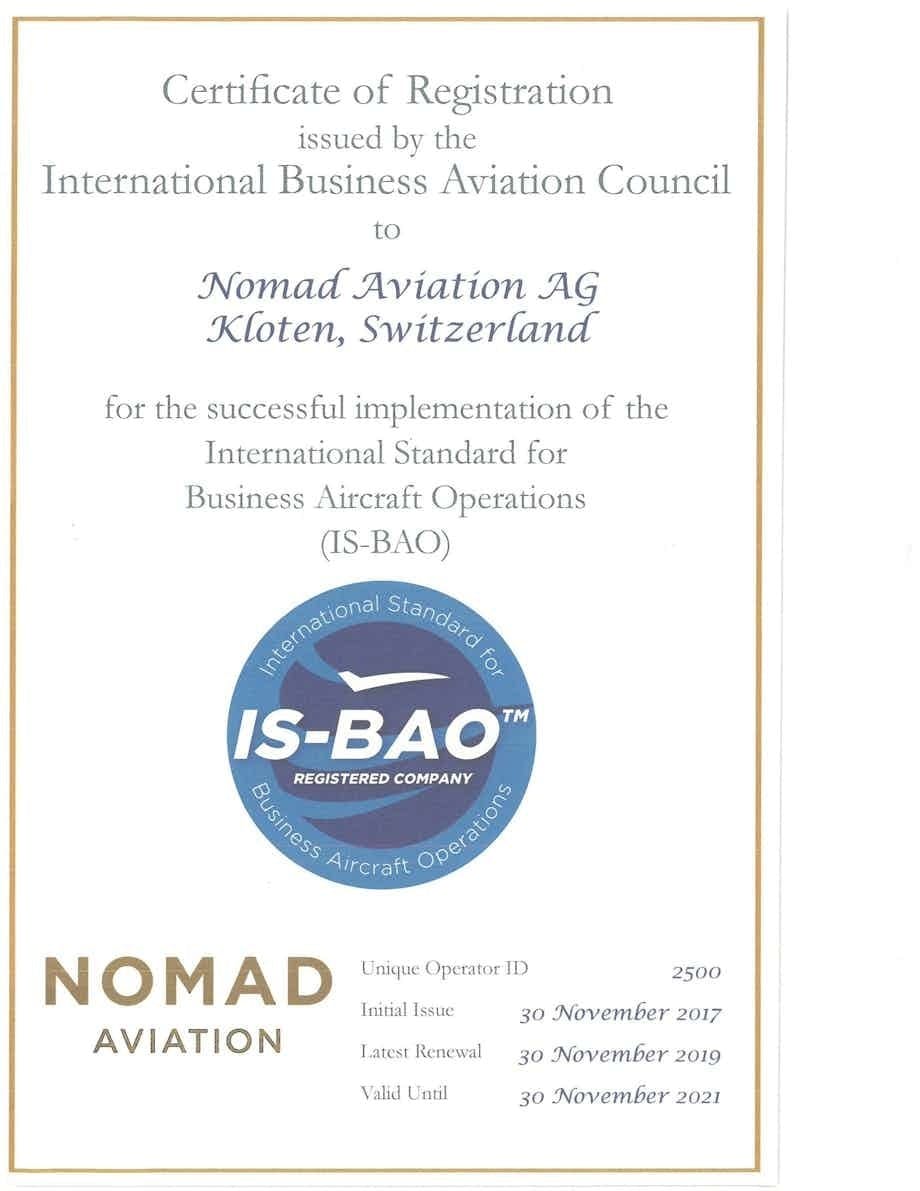 Nomad Aviation successfully passes IS-BAO Stage 2 audit and receives certificate